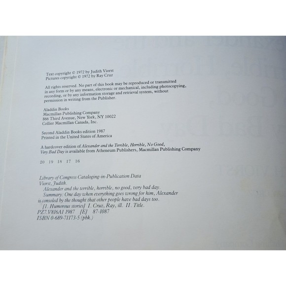 Alexander and the Terrible, Horrible, No Good, Very Bad Day Childrens Book 1972 - Picture 5 of 5